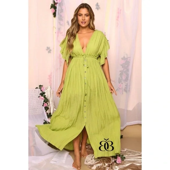 Peach Love Lime Green Deep V Button Front Maxi Dress - Picture 1 of 5